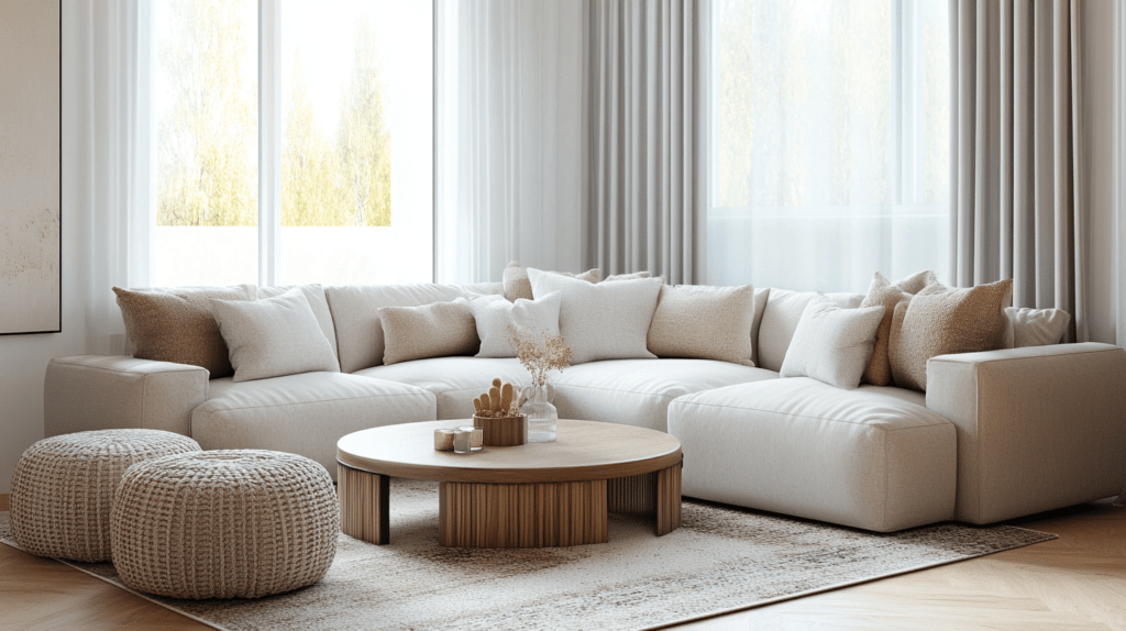 A cozy family room with a modern, comfortable sectional couch in a neutral color, surrounded by soft pillows and a warm throw blanket. The room has a welcoming atmosphere with soft natural light coming through a large window. The floor is adorned with a simple, stylish rug, and a coffee table with a few decorative items sits in front of the couch. The overall vibe is inviting and perfect for relaxation.