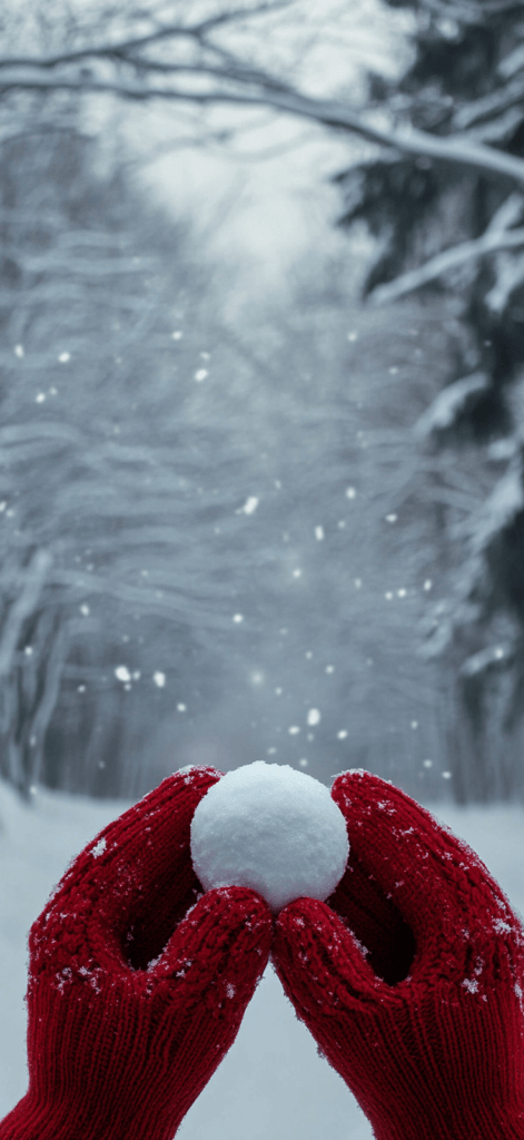 red mittens holding a snowball in the snow; Christmas wallpaper