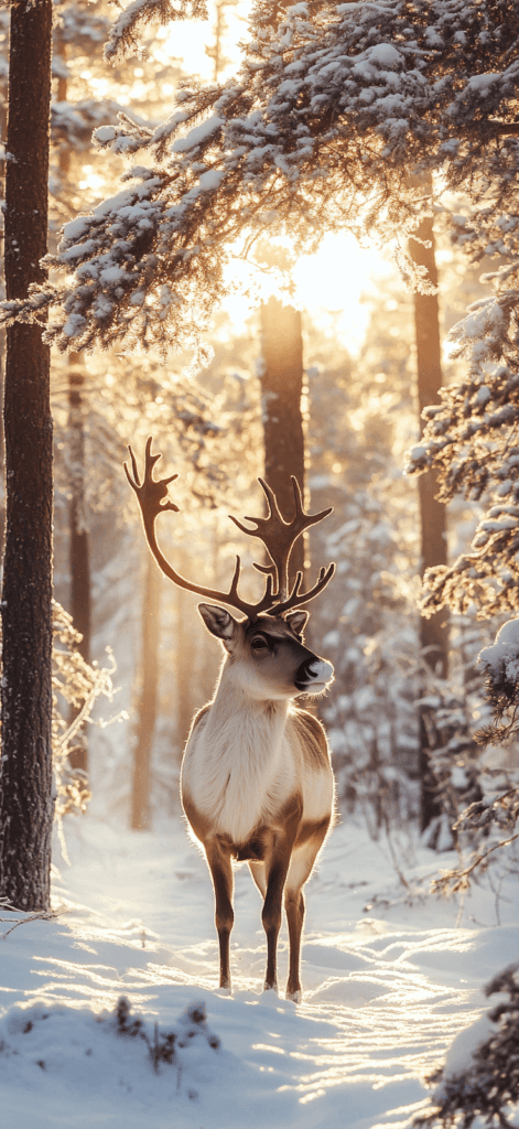 deer with antlers in the snow, morning sun peeking through the trees