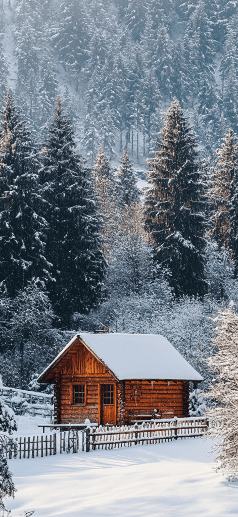 cabin in the wintery woods; Christmas wallpaper