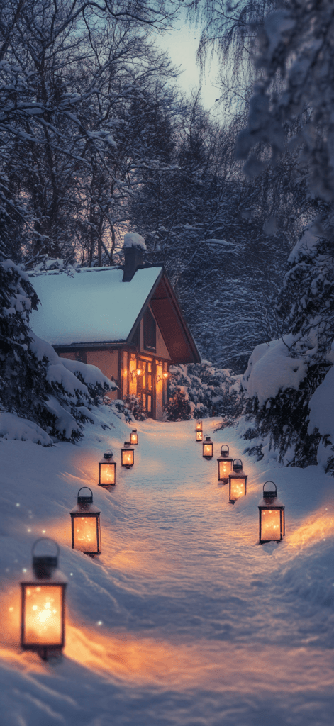 lanterns on the path in the snow leading to a cabin the woods