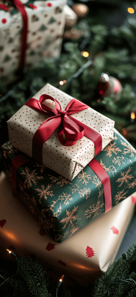 Christmas presents wrapped in paper with bows and ribbons; Christmas wallpaper 