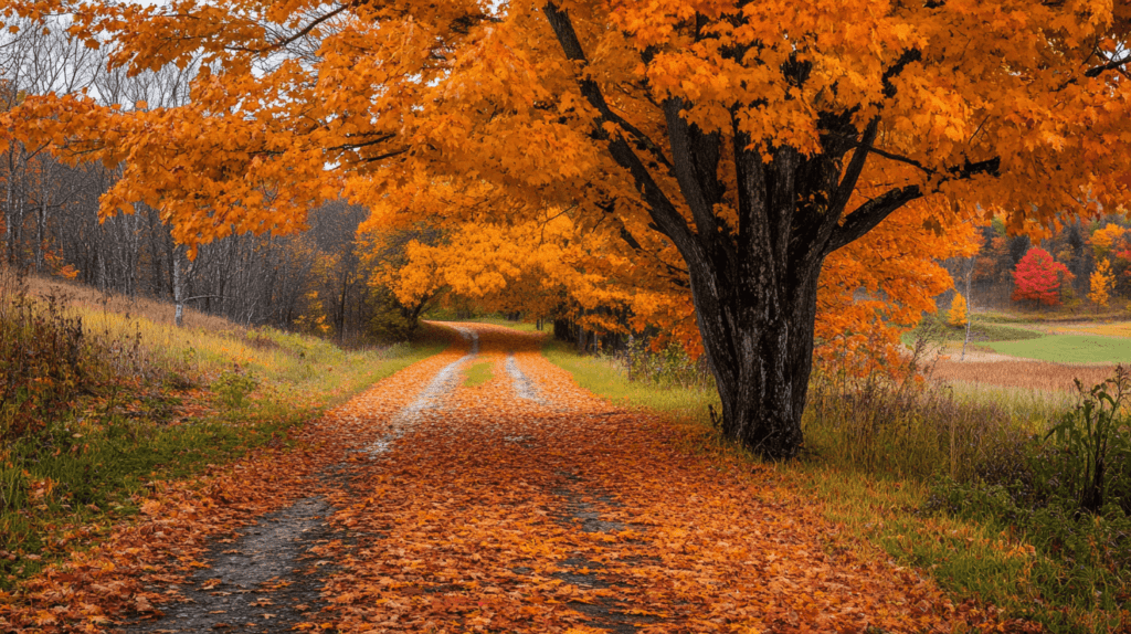 beautiful fall leaves on a tree near a road