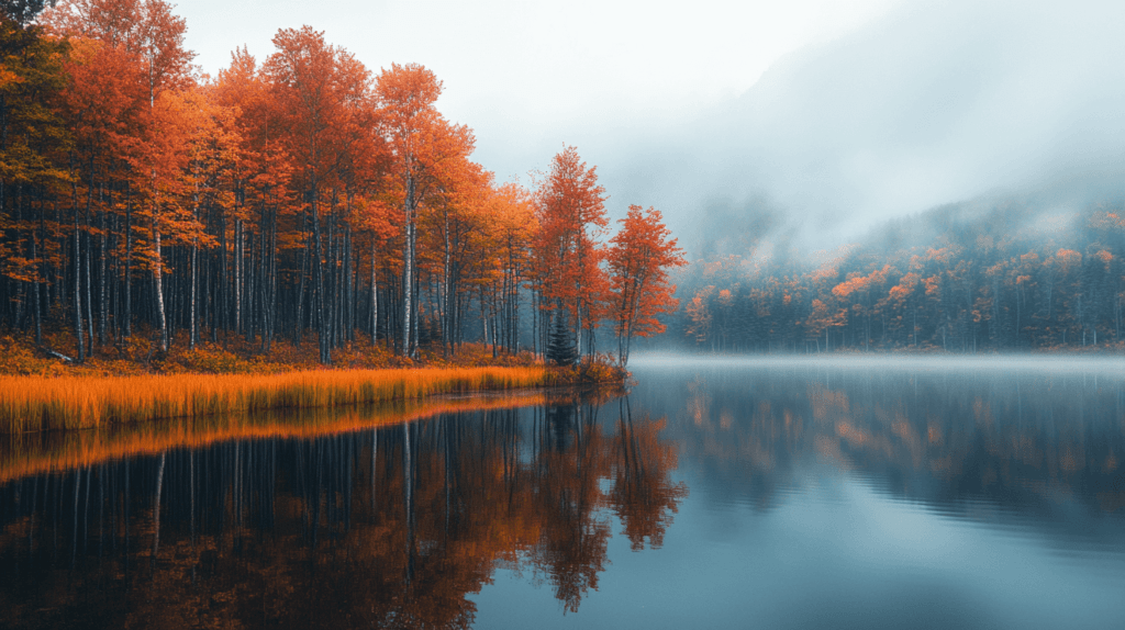 fall trees and leaves near a lake