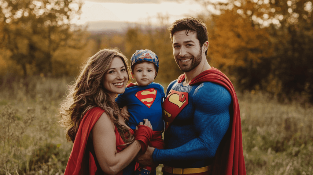 family dressed as superheros 