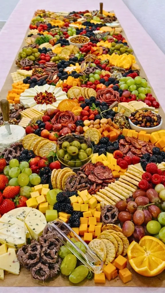 Vertical image of a long grazing table arranged on butcher paper over a light pink tablecloth, filled with assorted cheeses, cured meats, green and red grapes, strawberries, blackberries, olives, crackers, nuts, and citrus slices, styled in abundant clusters from front to back against a simple white wall backdrop.