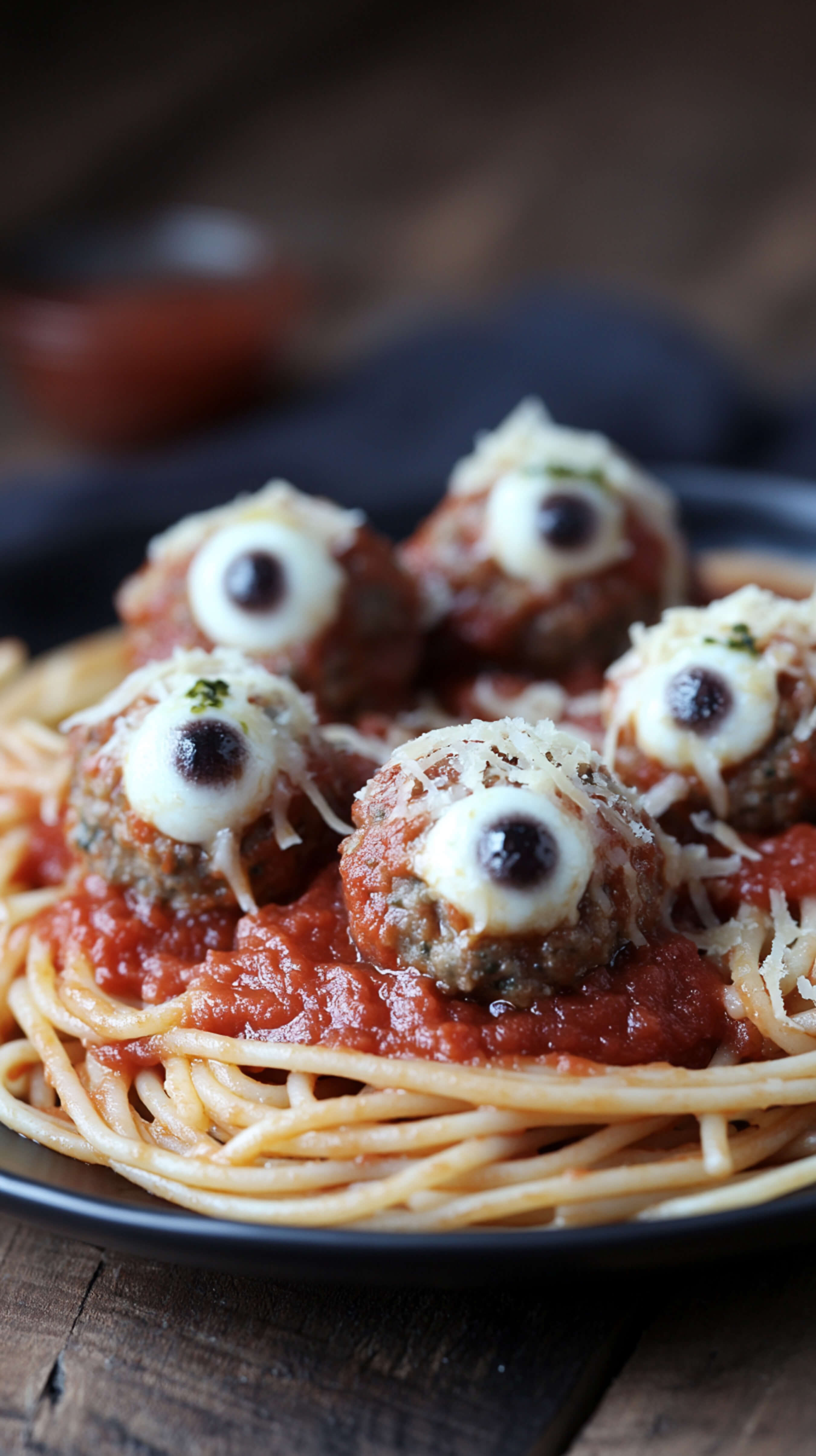 An eerie shot of "eyeball pasta," showing a plate of spaghetti with mozzarella-stuffed meatball "eyeballs," topped with marinara sauce, and garnished with a sprinkle of parmesan.

