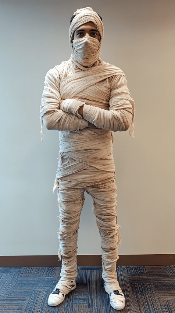 mummy costume on a man