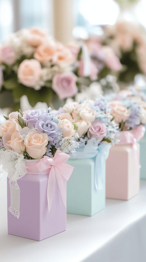 party favors colored painted pastel jars with fresh flowers inside