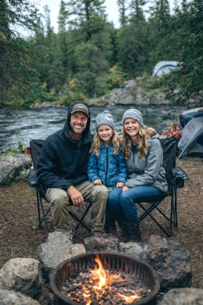 man, woman, and child sitting in camp chairs near a fire outside