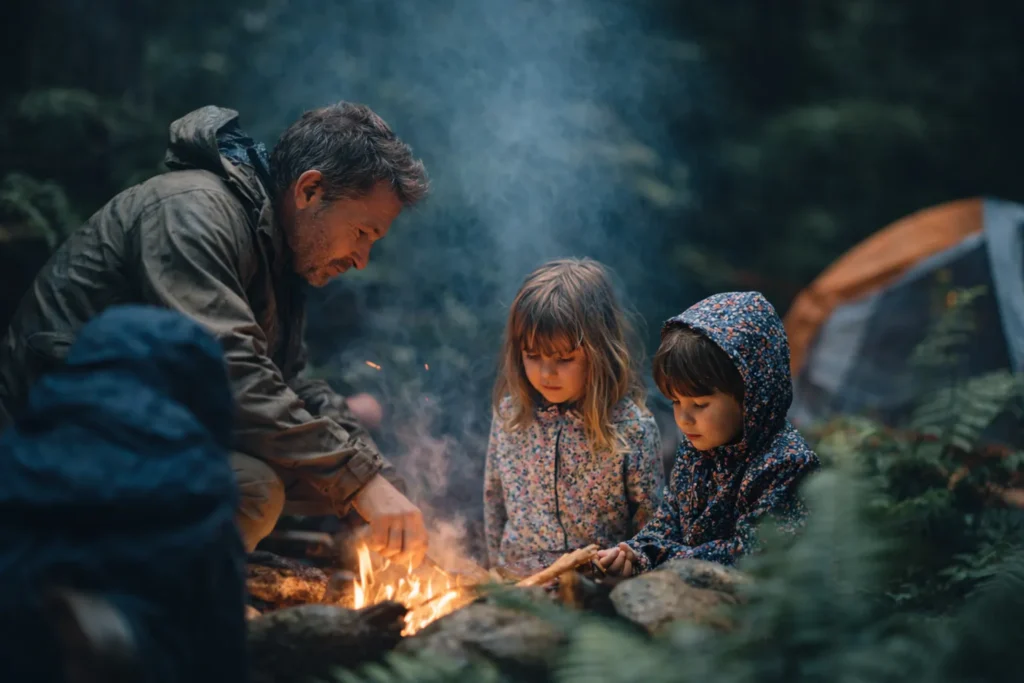 two kids near a campfire at night, with a man tending to the fire