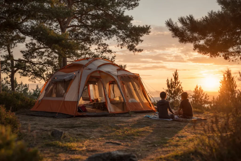 campsite, two people sitting and viewing a sunset 