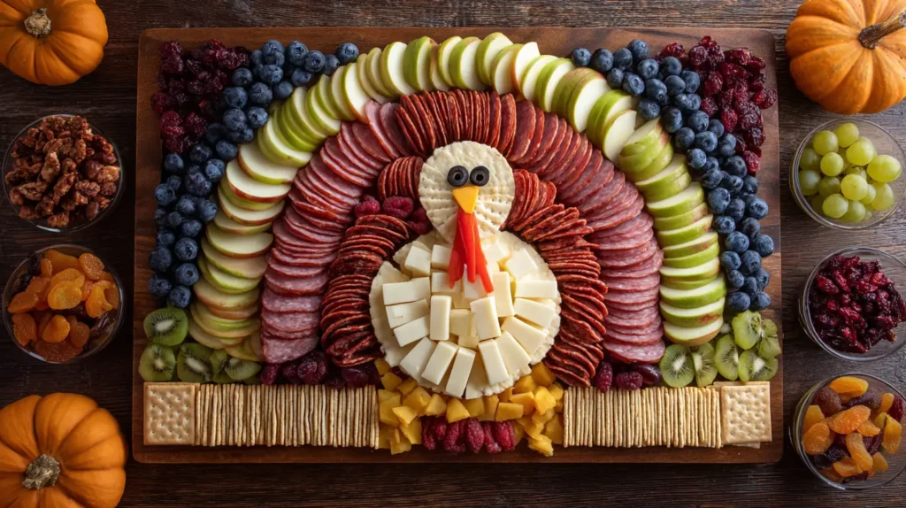 food shaped like a Thanksgiving turkey on a charcuterie board