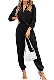 PRETTYGARDEN Women's 2024 Fall Jumpsuits Casual Dressy One Piece Outfits V Neck Long Sleeve Belt Pockets Long Pants Romper (Black,Large)