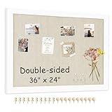 AMUSIGHT Double-Sided Large Cork Board with Linen, 36" x 24" Hanging Wood Framed Bulletin Board, Picture Display Vision Board Corkboards for Wall Room School Office Decor, 20 Pushpins,1pack