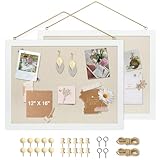 AMUSIGHT 2-Pack Double-Sided Cork Board with Linen, 16" x 12" Hanging Wood Framed Bulletin Board, Picture Display Vision Board Kit Corkboards for Wall School Office Decor, 20 Pushpins (Vintage White)