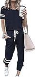 PRETTYGARDEN Women Summer Two Piece Outfits Striped Short Sleeve Pullover and Long Pants Tracksuit Travel Pajama Lounge Set (Navy,XX-Large)