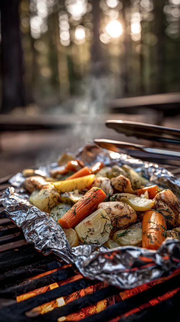 Photorealistic close-up food photo of a foil packet meal opened on a campfire grate, steam rising, tender chicken pieces with sliced potatoes, carrots, and onions, lightly charred edges, glossy herbs and melted butter, warm golden-hour light, shallow depth of field, blurred pine forest campsite background, a few glowing embers beneath the grate, rustic tongs resting nearby
