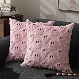 DFXSZ Halloween Pillow Covers 18x18 inch Set of 2 Pink Ghost Throw Pillow Cases Soft Plush Faux Fur Wool Couch Cushion Case for Chair Sofa Bedroom Living Room Home Decor PTK03B18