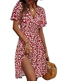 FENSACE Dresses for Women 2024 Casual Sun Dress for Beach Vacation Floral Spring Dress(Red,Medium)