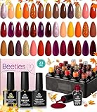 Beetles 23Pcs Fall Gel Nail Polish Kit Winter 20 Colors with Base Gel Top Coat Orange Brown Burgundy Red Yellow Gel Polish Set Soak off Uv Golden Glitter Holiday Nail Art Gift for Girls