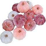 Winlyn 12 Pcs Small Rustic Faux Velvet Pumpkins Decorative Blush Coral Pink Peach Ivory Fabric Pumpkins Foam Pumpkins 3" for Fall Wedding Bbay Shower Thanksgiving Halloween Table Centerpiece Décor