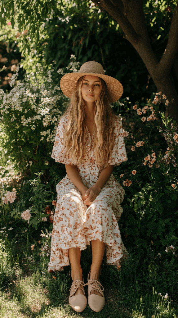 adult woman in the garden wearing a dress and hat