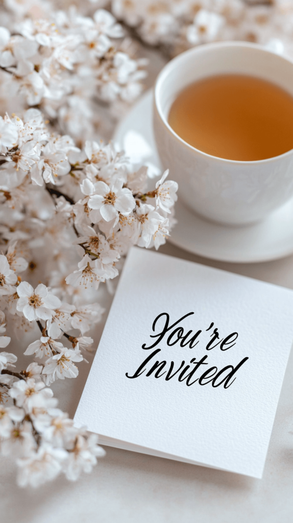 invitation with a tea cup and flowers