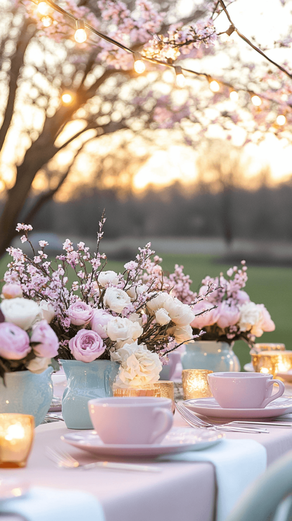 lavender flowers on the table with tea cup and saucers