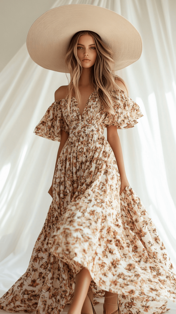 woman in a large brimmed hat with a floral dress