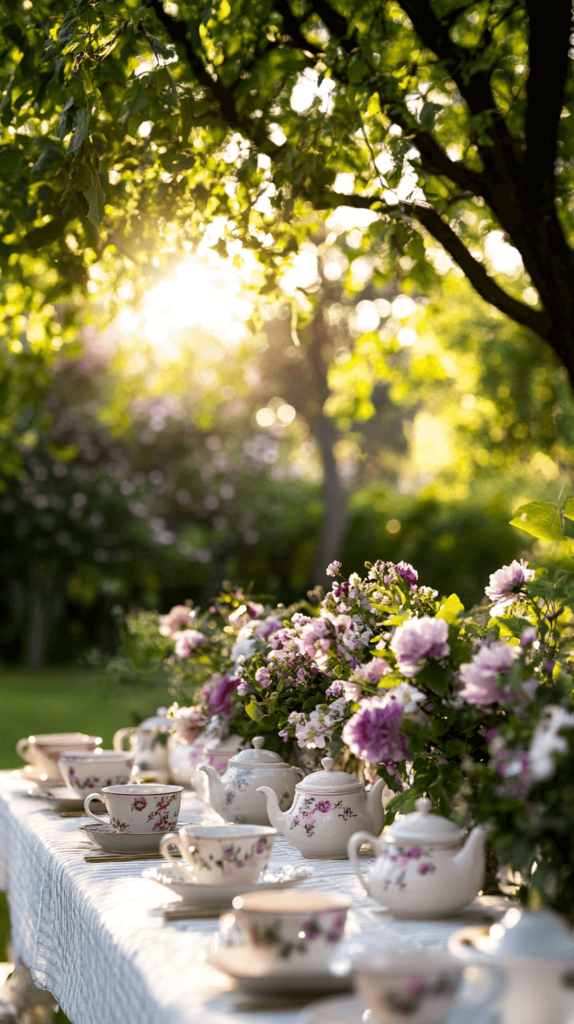 tea pots on an outdoor table