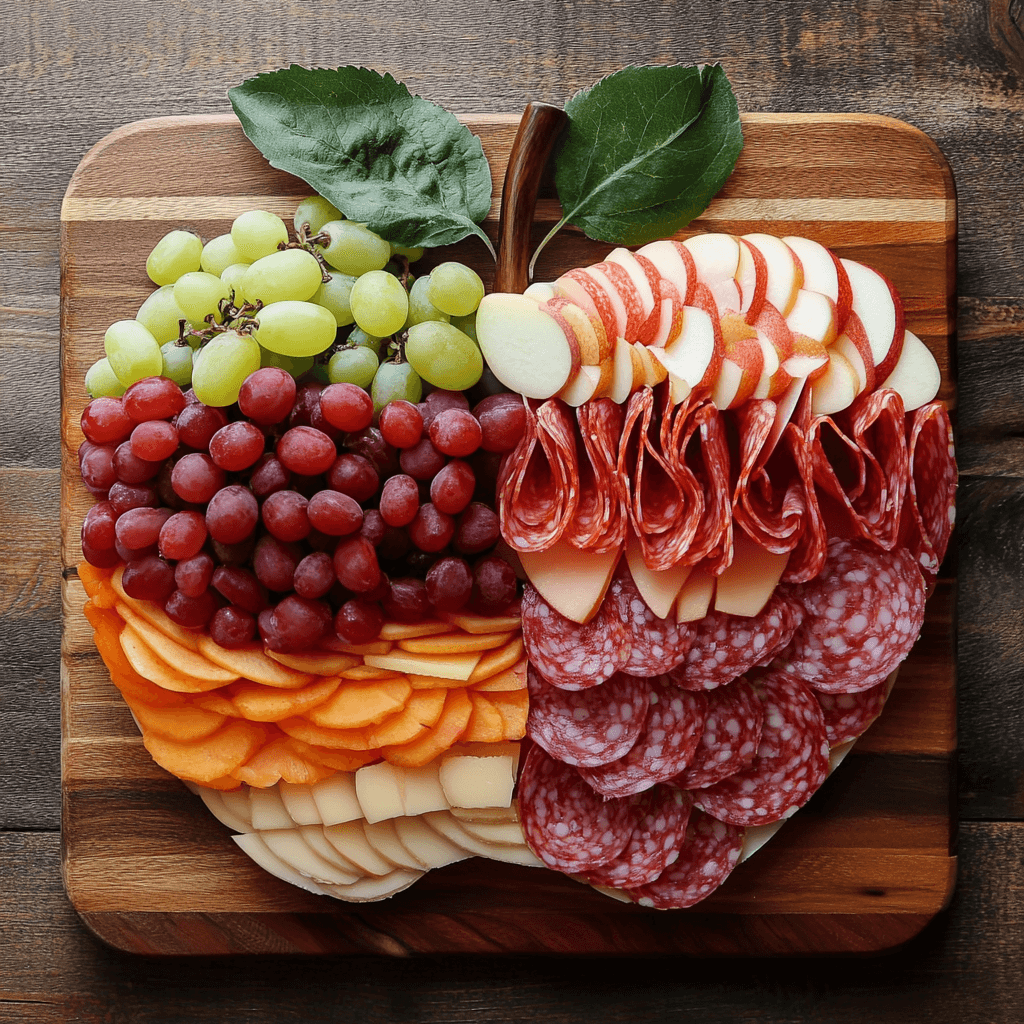 A wooden charcuterie board arranged in the shape of a classic pumpkin for a fall-themed display. The round body of the pumpkin is crafted with slices of bright orange cheeses like cheddar and gouda, arranged in curved segments to mimic the natural ridges of a pumpkin. Alternating layers of thinly sliced meats, such as prosciutto or salami, add depth and texture between the cheese segments. At the top, a pretzel stick or breadstick serves as the pumpkin stem, while fresh rosemary or basil sprigs are added to represent vines, giving the design a realistic touch. The board is filled with seasonal fall accents like small piles of nuts, crackers, and fruits such as apple slices, grapes, and dried cranberries scattered around the pumpkin shape. This festive design offers a vibrant and cozy fall look, bringing the essence of a pumpkin to life using food. 