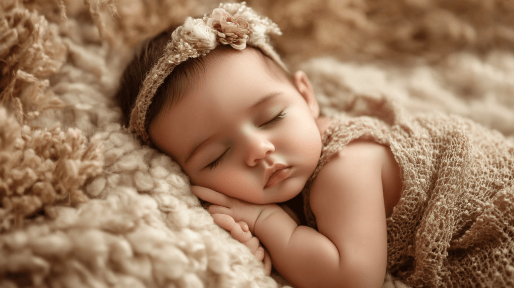 baby girl in beige with floral headband