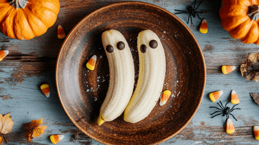 A peeled banana cut in half, lying flat on a plate, with chocolate chips pressed into the soft banana to form ghostly eyes and a round mouth. The plate is set on a rustic wooden table, surrounded by Halloween decorations like tiny pumpkins, plastic spiders, and candy corn for a playful, festive atmosphere. 