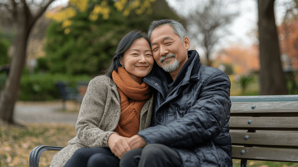 Asian couples happily embracing on a park bench Ephesians 5