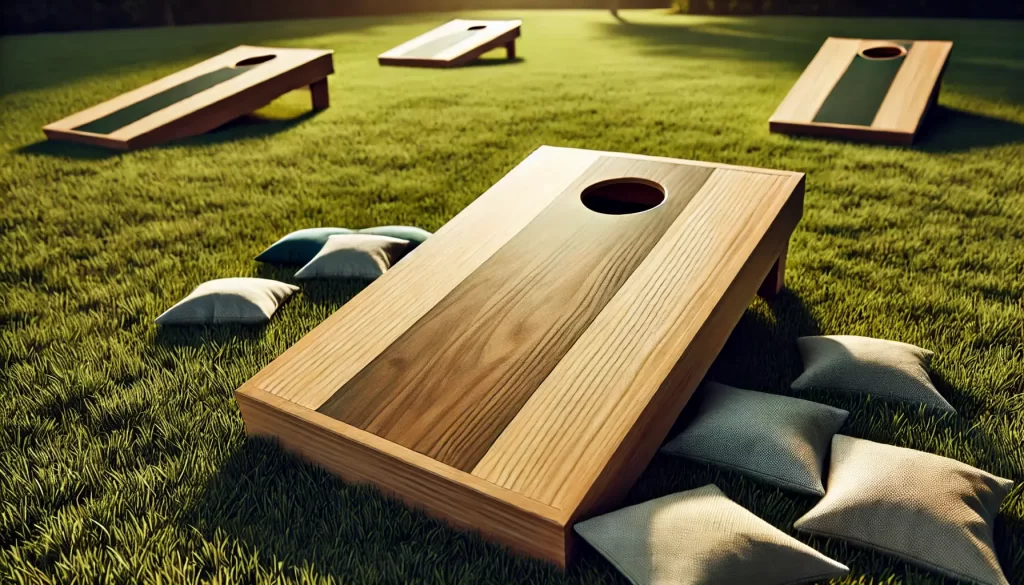 A cornhole game setup on a grassy lawn during a bright, sunny day. The cornhole board is made of smooth, natural wood with no decorations, and the circular hole is positioned near the top center, approximately 6 inches from the edge. The board is angled toward the viewer, showcasing the playing surface clearly. A few bean bags are scattered on the ground around the board, ready for a game. The grass is lush and green, with a few scattered leaves, and the scene feels relaxed and inviting with trees softly shading the background. 