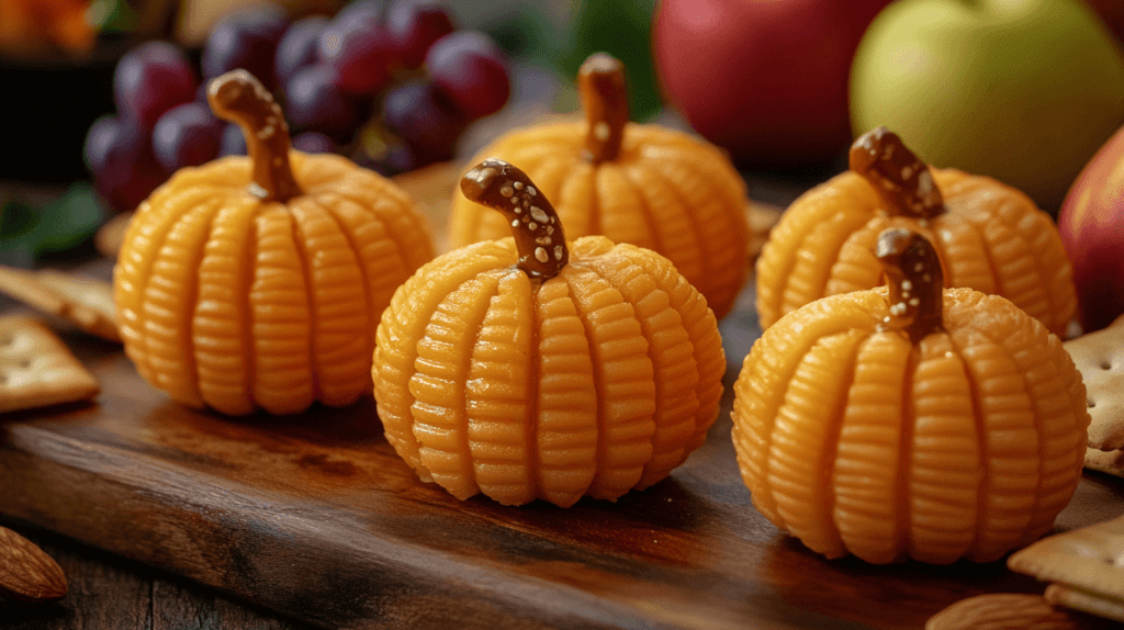 mini pumpkin-shaped cheese balls with pretzel stems