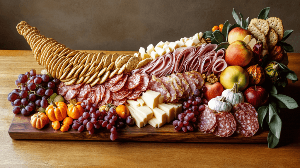 A large wooden charcuterie board arranged with food in the shape of a cornucopia for Thanksgiving. Starting in one corner of the board, the 'horn' is formed using a stack of breadsticks or pretzel rods. The food spills out from the horn in a cascading, fan-like shape, symbolizing abundance. Layered meats like prosciutto, turkey slices, and salami are arranged in waves, followed by assorted cheeses like cheddar, gouda, and brie. Vibrant fall fruits such as grapes, pomegranate seeds, apple slices, and dried apricots add bursts of color. Mixed nuts, crackers, and olives fill the remaining spaces, while small pumpkins or gourds are placed around the board for decoration. The overall layout is festive and creative, bringing the Thanksgiving cornucopia to life on the wooden board with a rustic, harvest-inspired feel