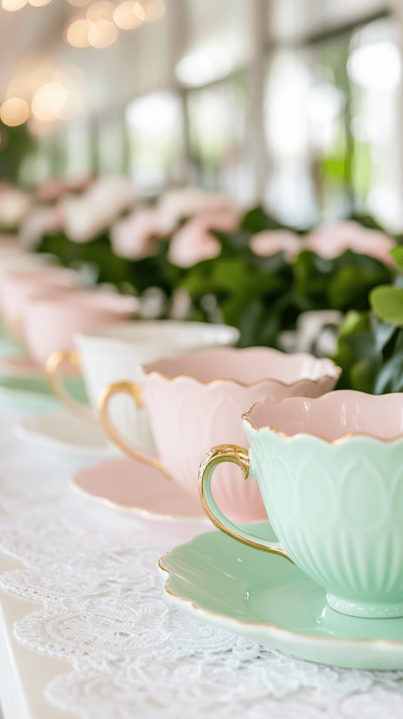 pastel tea cups, tea party decorations