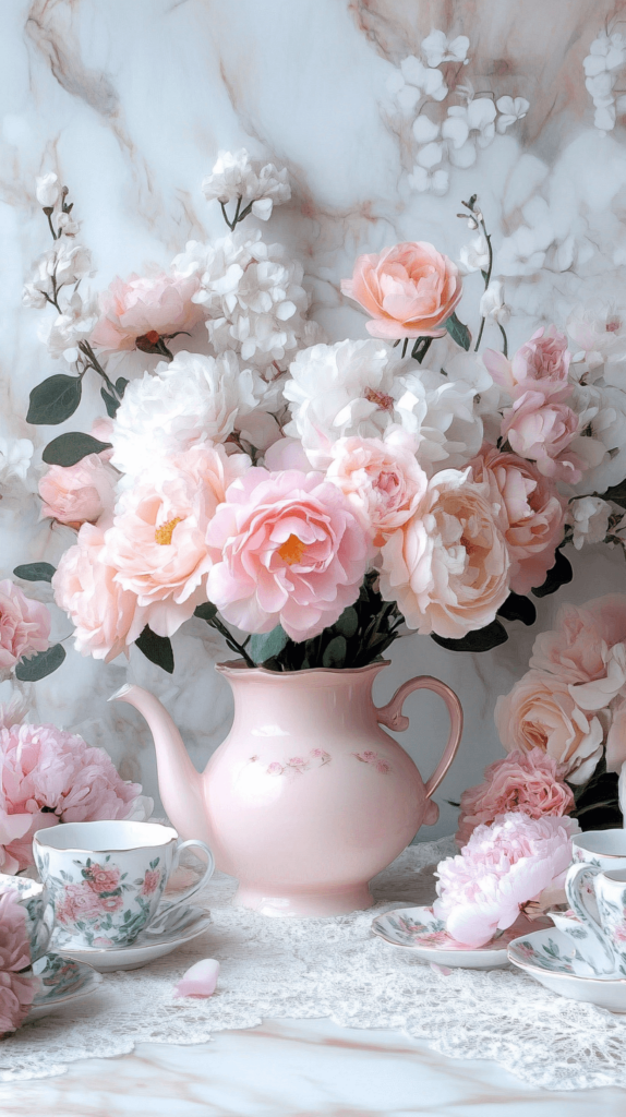 tea kettle with flowers inside