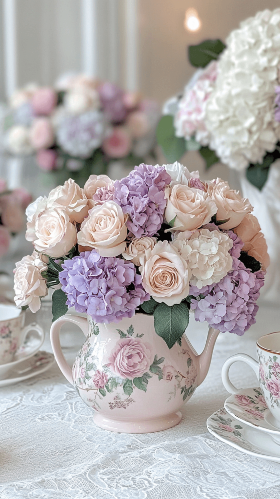 tea party favor pot with flowers