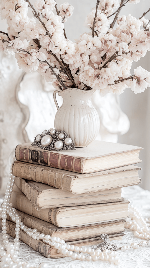 vintage books stacked with a white vase on top