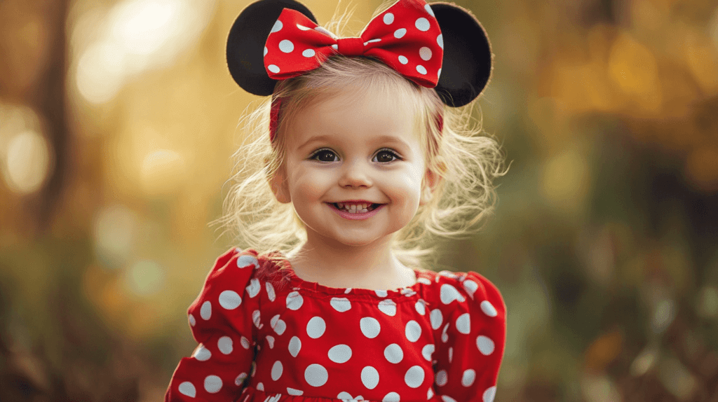 cute blonde toddler in a Minnie Mouse dress and ears