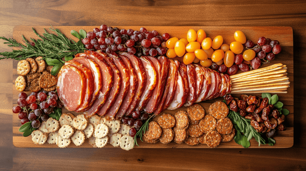 turkey drumstick display on wooden board