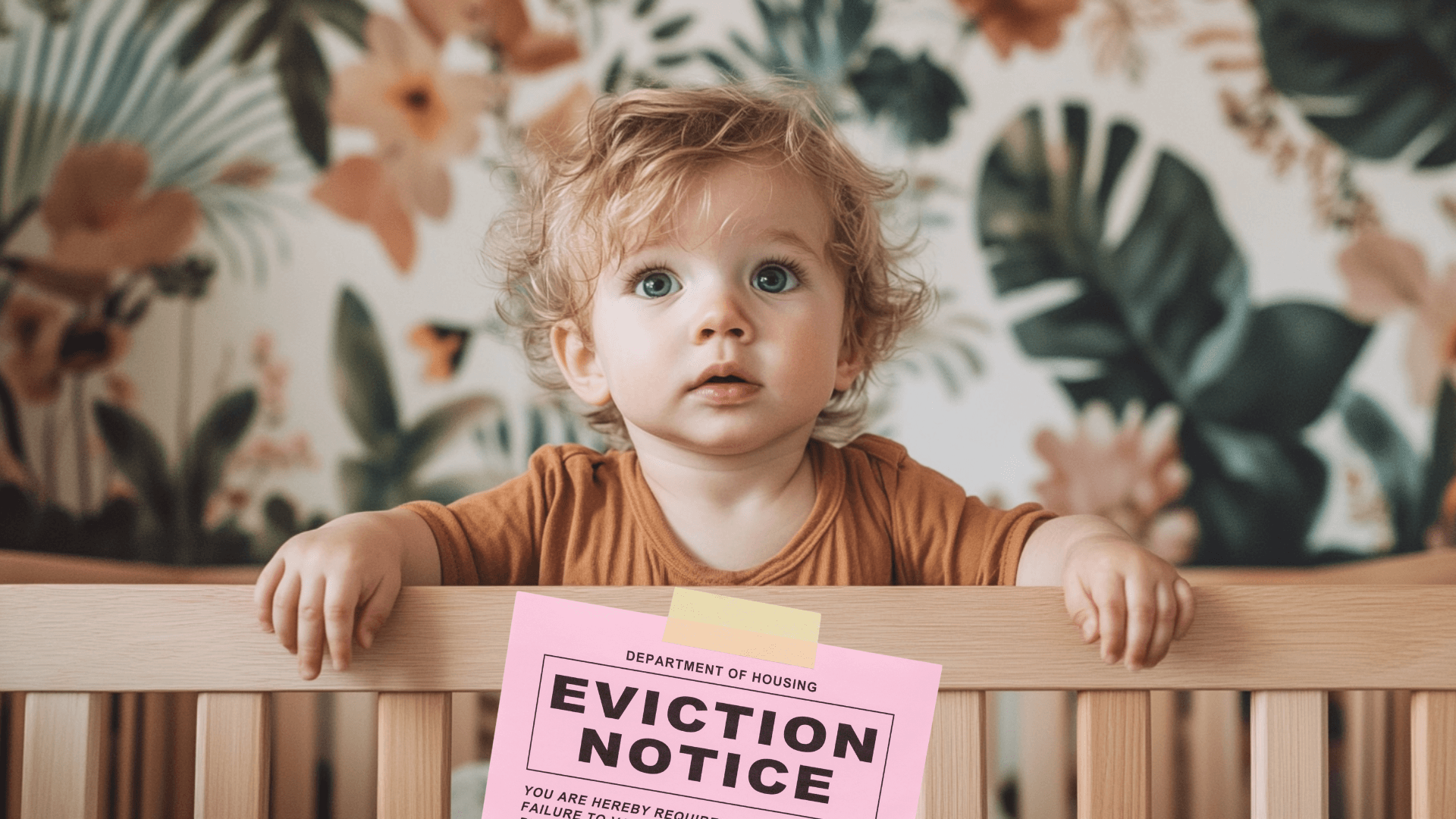 pregnancy announcement; toddler standing in crib with an eviction notice on crib