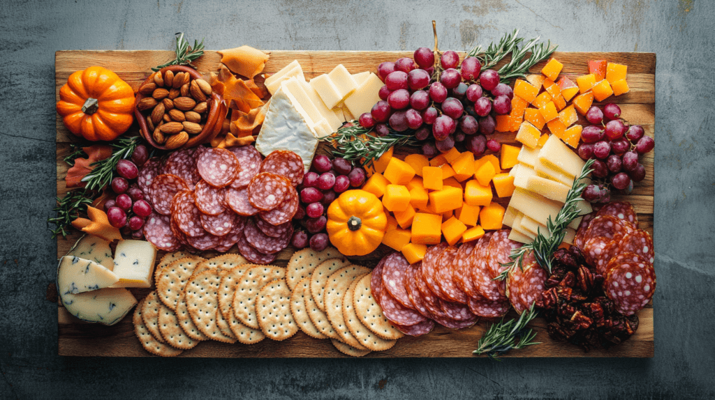 Rectangular charcuterie board with fall accents 