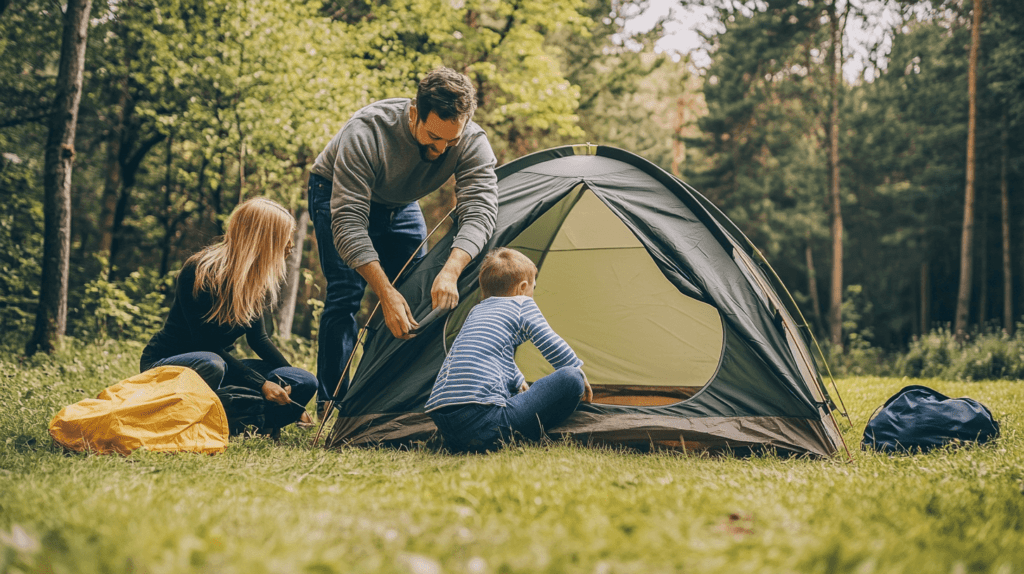 family of three setting up a tent