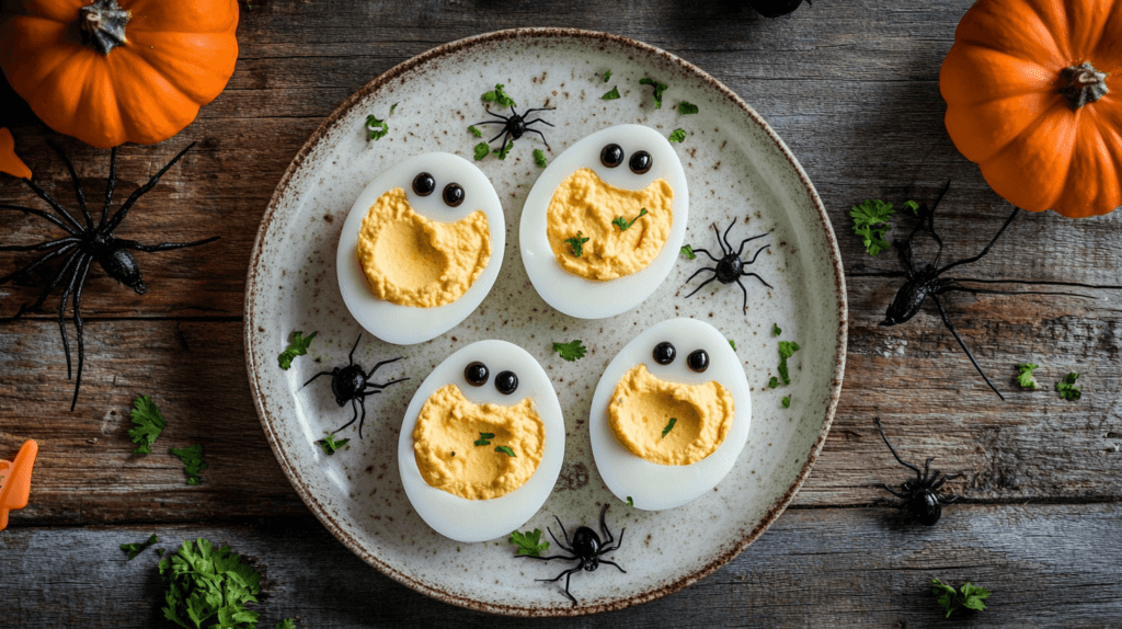 A plate of ghost-shaped deviled eggs with the yolk mixture piped into ghostly forms, each with two small black olive slices for eyes. The plate is set on a rustic wooden table with Halloween-themed decorations like mini pumpkins and plastic spiders scattered around for a festive atmosphere. 