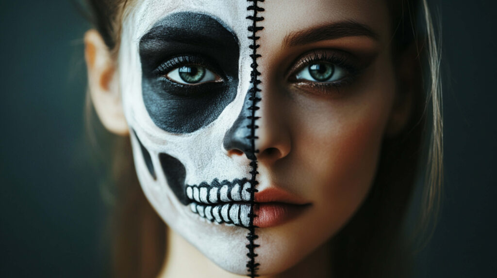 Skeleton Look: An attractive woman with a half-face skeleton makeup, one side showing a normal face with minimal makeup, and the other side detailed with black and white skeleton designs, including hollowed-out eye sockets, cheekbones, and a stitched-up mouth.