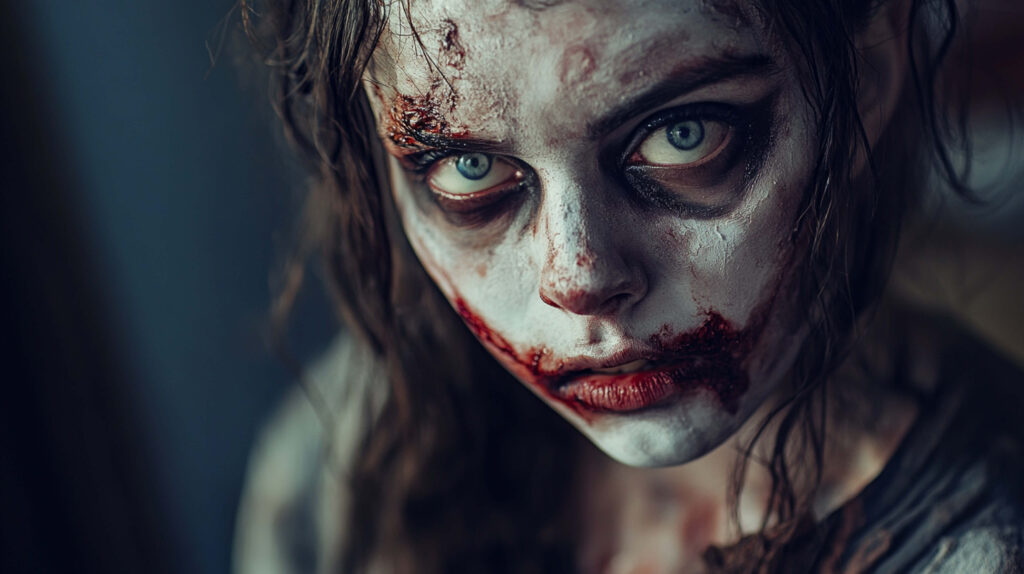 Zombie Makeup: A woman with pale, ghostly skin, dark, sunken eyes, and messy hair. She has fake blood around her mouth and on her clothes, with shadows of bruising around her face and neck, giving her a realistic zombie look.